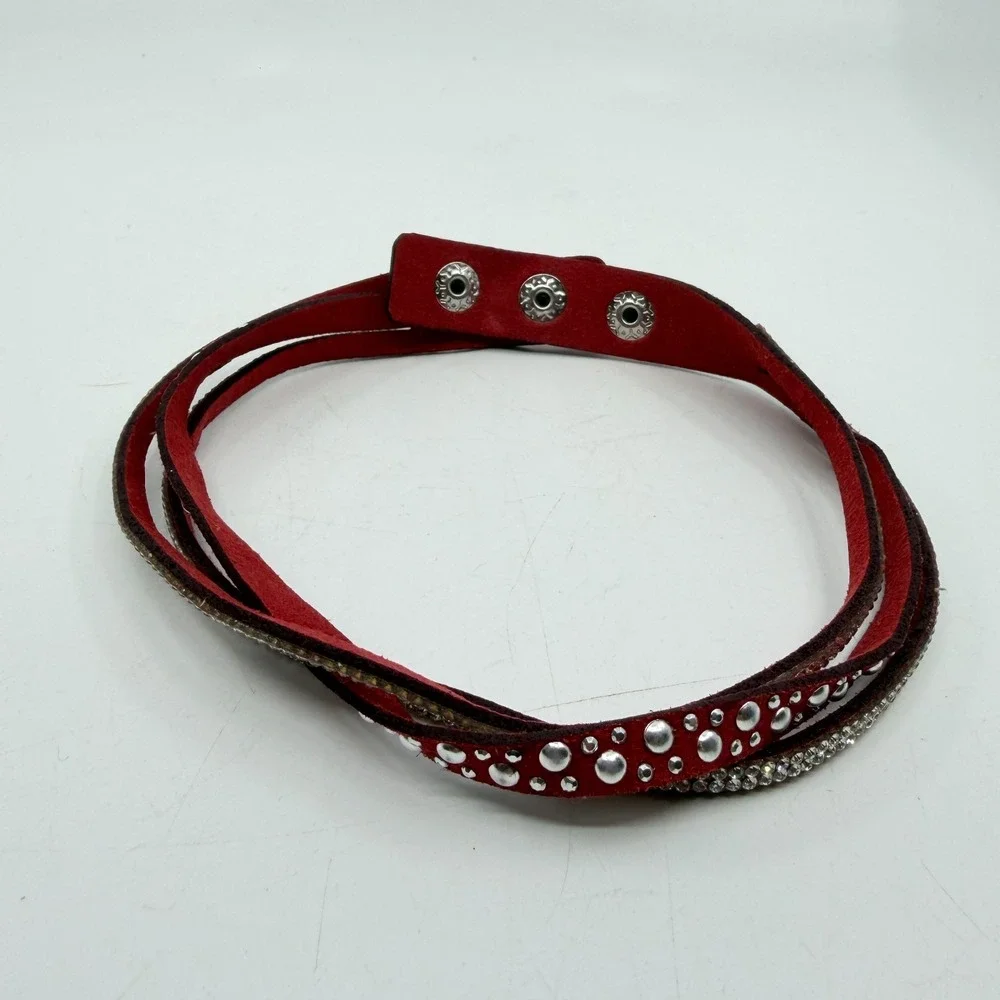 Red Faux Suede Wrap Choker Necklace Rhinestone Studded Western Statement